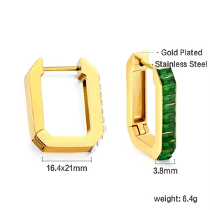 Detail of geometric rectangle earrings with green and white crystals and dimensions