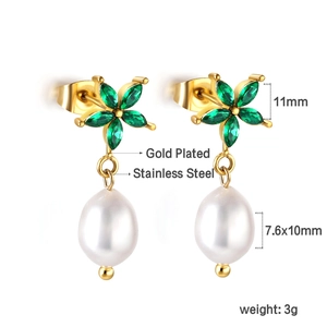 Detail view of 11mm green zircon flower earrings with 7.6x10mm teardrop pearls