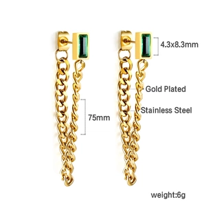 Detail view of gold-plated stainless steel drop earrings with green zircon and long chains