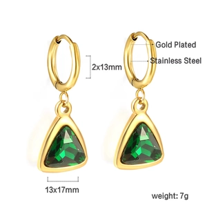 Detail of gold plated stainless steel earrings with triangle green gemstones and dimensions
