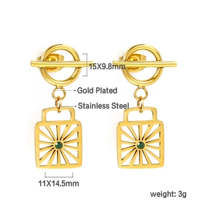 Gold plated stainless steel square drop earrings with green gemstone and sunburst design