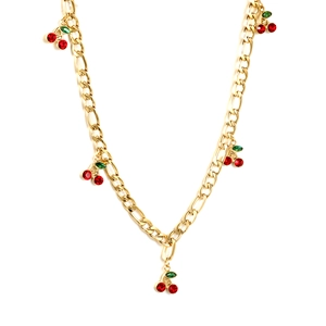 18k gold plated stainless steel Figaro necklace with five red cherry crystal pendants