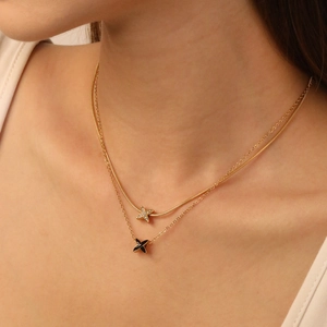 Collier Pendentif En X Acier Inoxydable Plaqué Or 18K Zircon Émail Noir Chaîne De Clavicule Minimaliste Femmes