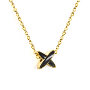 Collier en acier inoxydable plaqué or 18 carats avec pendentif en X et émail noir