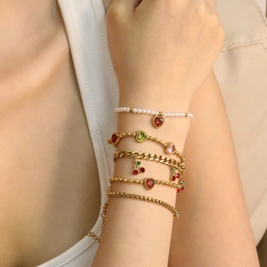 Stainless Steel Heart Zircon Bracelet Colorful Gemstone Cherry Pendant Imitation Artificial Pearl Dainty Fashion Jewelry For Women