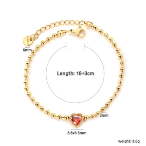 Bracelet à billes en acier plaqué or 18K avec un zircon en forme de cœur rouge
