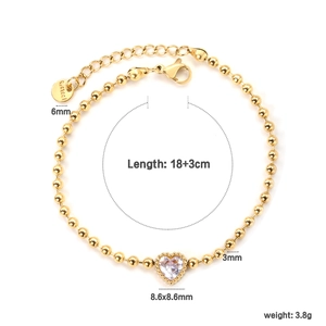 Bracelet en perles d'acier doré avec pendentif cœur en zircone, longueur réglable 18+3cm