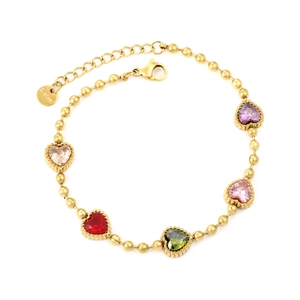 Bracelet en acier doré à perles orné de cinq zircons colorés en forme de cœur