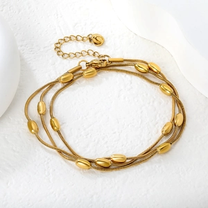 Bracciale a tre strati in maglia serpente dorata con perle ovali in acciaio inossidabile