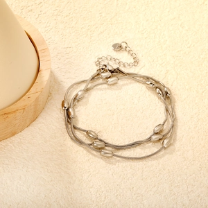 Bracciale a tre strati in acciaio inossidabile argento con perle metalliche ovali