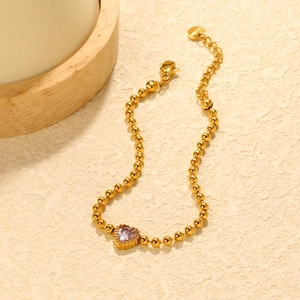 Bracelet à billes en acier inoxydable doré 18K avec un zircon en forme de cœur rose