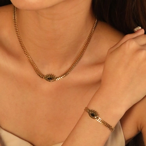 18K gold plated evil eye pendant necklace and bracelet set with flat weave chain