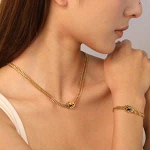 Evil Eye Necklace And Bracelet 18K Gold Plated Stainless Steel Black Gemstone Vintage Hip Hop Jewelry For Women