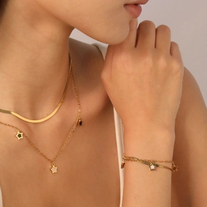 Collier Bracelet Étoile Pentagramme Double Couche Acier Inoxydable Plaquage Or Chaîne Serpent Pendentif Émail Bijoux Femme
