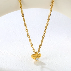 Hammered lava heart pendant necklace with white zircon in gold stainless steel