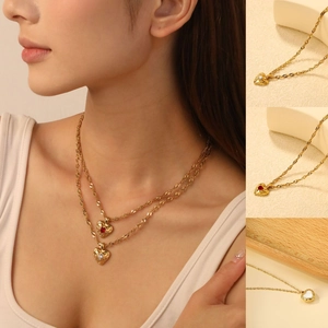 Layered Heart Pendant Necklace Gold Plated Stainless Steel Red Zircon White Shell Lava Texture Clavicle Jewelry Women