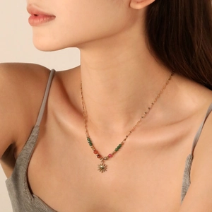 French vintage sun pendant necklace with colorful beads and natural stone for women