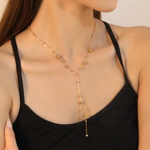 Collier Lariat Plaqué Or 18K Acier Inoxydable Perles Rondes Long Gland En Forme De Y Bijoux Minimalistes Femmes