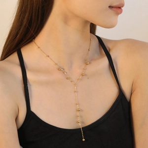 Collier en Y élégant en acier inoxydable plaqué or 18K avec perles rondes pour femme
