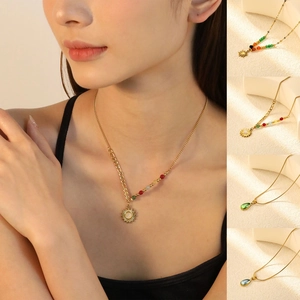 Vintage French Stainless Steel Pendant Necklace For Women With Natural Stone Sun Waterdrop Beads Clavicle Chain