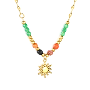 French retro sun pendant necklace with natural stone beads and gold stainless steel chain