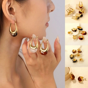 French Vintage U Shaped Hoop Earrings Gold Plated Alloy Marbled Resin Geometric Retro Elegant Women Jewelry