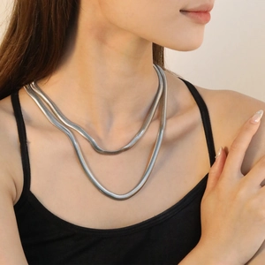 Minimalist double layer silver flat snake chain necklace in stainless steel for women
