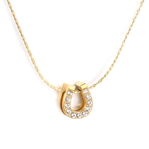 Golden horseshoe pendant necklace with pavé crystal accents on a thin chain