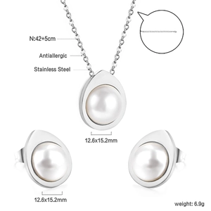 Detailed view of stainless steel faux pearl jewelry set with 12.6x15.2mm dimensions