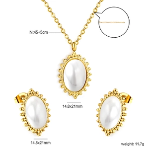 Detailed view of gold pearl jewelry set including necklace and earrings with dimensions