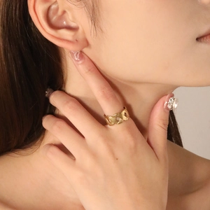 Elegant 18K gold-plated stainless steel open ring with a woven geometric hollow design