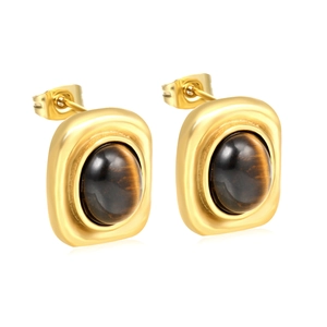 Goldene Edelstahlohrringe mit ovalem Tigerauge und kleinen Perlendetails für Damen