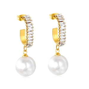 French style 18k gold plated hoop earrings with zircon pavé and large white pearls