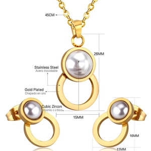 Detail of gold plated stainless steel pearl necklace and earring set with cubic zirconia