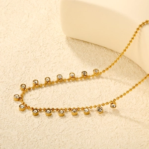Collana A Catena Di Perline In Acciaio Inossidabile Placcato Oro 18K Con Pendente In Zircone Tondo Per Donna Accessorio Elegante