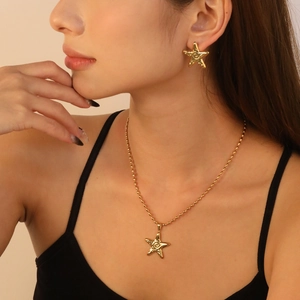 Starfish Pendant Necklace And Stud Earrings Stainless Steel Gold Plated Spiral Texture Ocean Beach Style Women