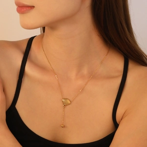 Collier Pendentif Éventail Coquille En Acier Inoxydable Plaqué Or 18K Avec Perle Tombante Chaîne De Clavicule Pour Femme