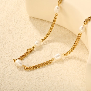 Close-up of 18K gold plated stainless steel chain with elegant freshwater pearls