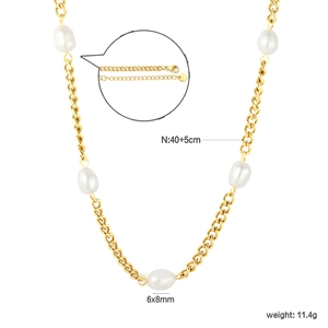 18K gold plated stainless steel chain necklace with five freshwater pearls, 40+5cm length