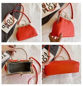 Detailed views of orange woven evening clutch bag with crystal ring handle and metal clasp