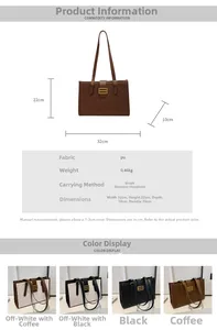Size chart showing 32x22x10cm dimensions and PU material specs for the tote bag