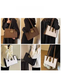Detailed views of checkered tote bags in brown, beige, and black with metal buckle