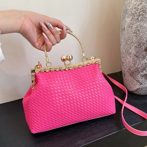 Woven PU Leather Crossbody Bag With Artificial Pearl Rhinestone Kiss Lock Retro Evening Handbag For Women Vintage Shoulder Purse