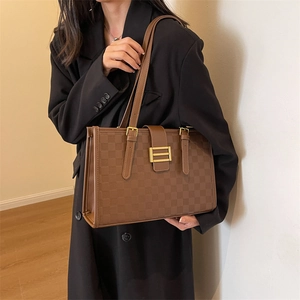 Classic brown checkered tote bag with gold H-buckle and double shoulder straps