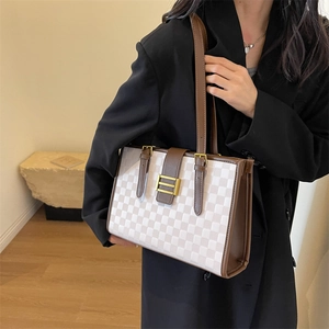 Fashionable beige checkered tote bag for women with brown straps and gold metal buckle