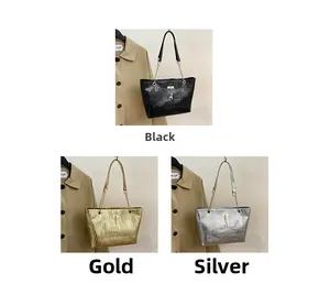 Detailed comparison of large tote bags in black, gold, and silver crocodile texture