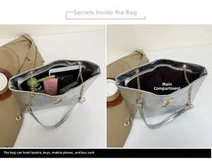 Silver crocodile texture tote bag with large capacity for tablets and daily items