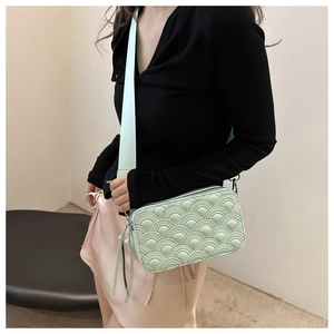 Detail of mint green quilted camera bag with rainbow stitching and wide fabric strap