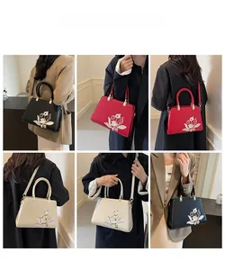 Detailed views of embroidered crossbody handbags in black, red, and beige on models