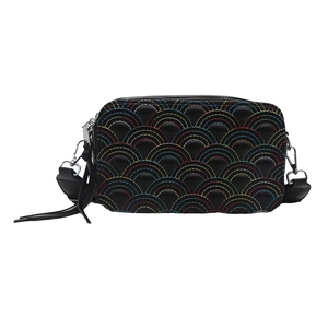 Fashionable black crossbody camera bag with colorful rainbow embroidery and wide strap